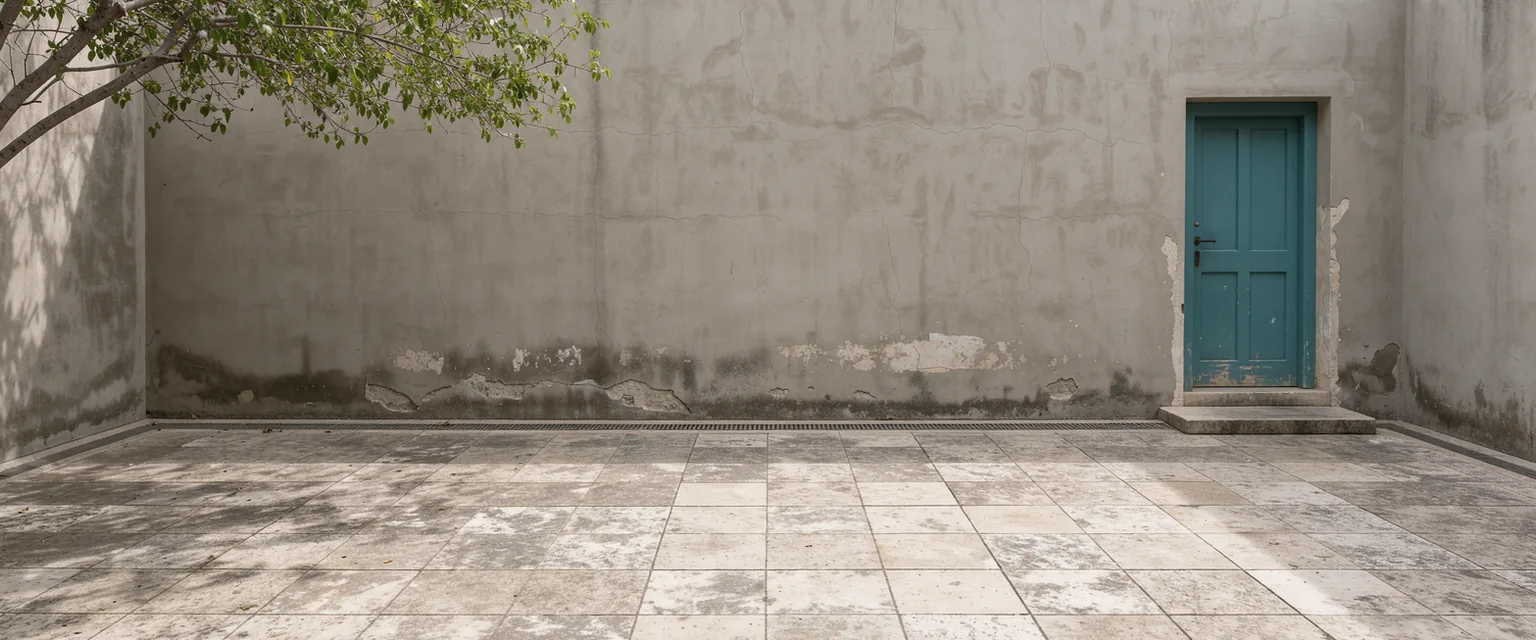 Daylight crosses a pale courtyard wall and stone paving beside a simple teal-painted doorway.