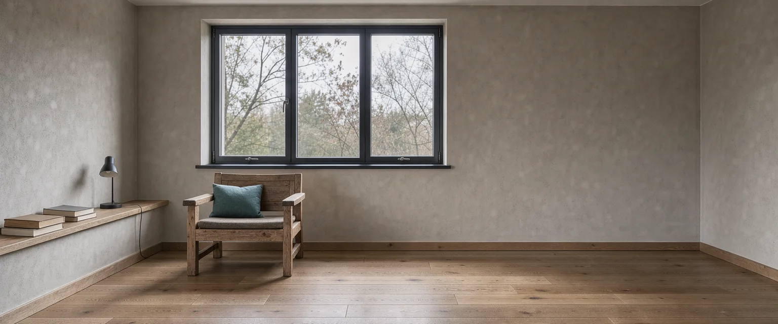An empty wooden seat beside a broad window, with soft morning light on a pale plaster wall.