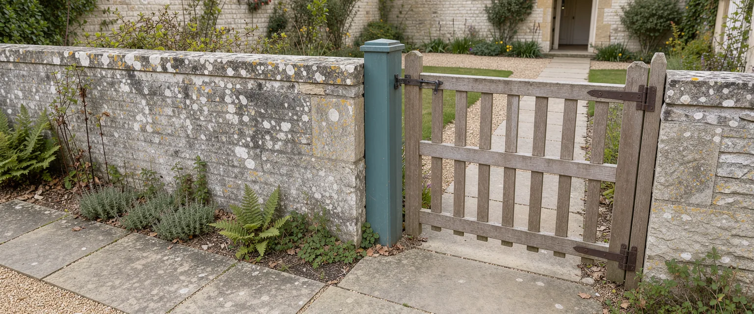 A level pale-stone path runs beside a low garden wall and an open wooden gate in afternoon light.