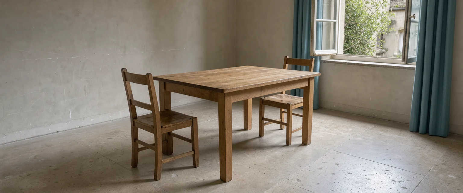 An unoccupied oak table and two chairs in a sunlit room, with a leafy courtyard beyond the window.